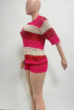 Rose Red Casual Color Block Hollowed Out Patchwork Weave V Neck Half Sleeve Two Pieces