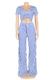 Black Sweet Striped Patchwork Fold V Neck Short Sleeve Two Pieces