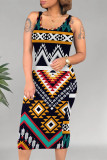 Green Casual Geometric Print U Neck Printed Dresses