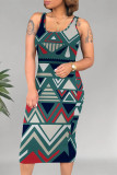 Green Casual Geometric Print U Neck Printed Dresses