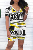 Green Casual Letter Character Print V Neck Short Sleeve Two Pieces