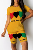Green Yellow Casual Figure Letter Love Print Contrast O Neck Short Sleeve Two Pieces