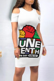 Black Casual Figure Letter Print Digital O Neck Printed Dresses
