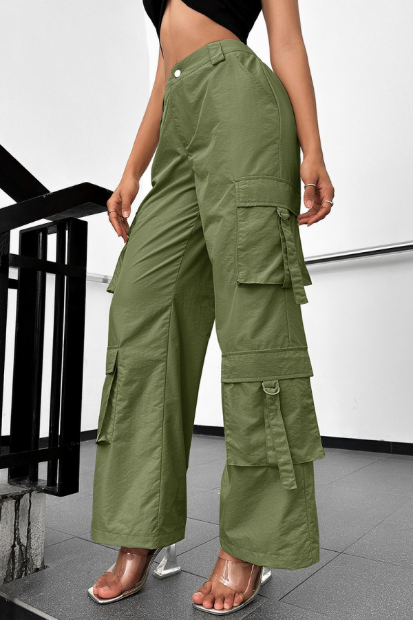 Green Zipper High Waist Pocket Buttons  Loose Wide Leg Cargo Pants