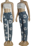 Blue Street Floral Print Patchwork Pocket Buttons Zipper High Waist Regular Skinny Denim Jeans