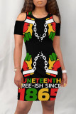 Black Casual Figure Letter Print Digital O Neck Printed Dresses