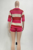 Rose Red Casual Color Block Hollowed Out Patchwork Weave V Neck Half Sleeve Two Pieces