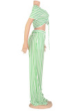 Black Sweet Striped Patchwork Fold V Neck Short Sleeve Two Pieces