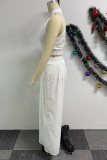 White Casual Street Daily Elegant Simplicity Solid Color Halter Sleeveless Two Pieces Tank Crop Tops And Wide Leg Pant Sets