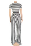 Black Sweet Striped Patchwork Fold V Neck Short Sleeve Two Pieces