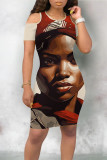 Black Casual Figure Letter Print Digital O Neck Printed Dresses