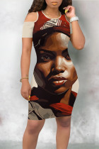 Khaki Casual Figure Letter Print Digital O Neck Printed Dresses