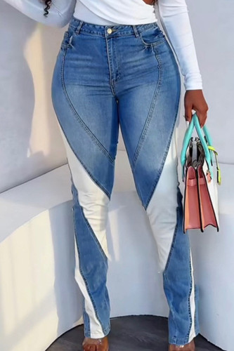 Blue Celebrities Patchwork Pocket Buttons Zipper High Waist Regular Denim Jeans