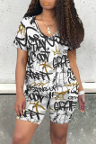 Green Casual Letter Character Print V Neck Short Sleeve Two Pieces