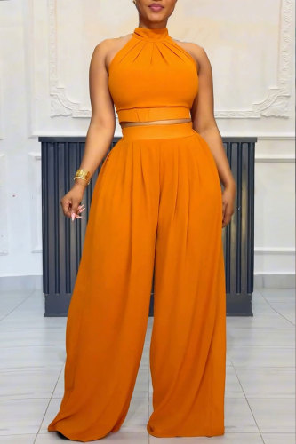 Orange Yellow Casual Street Daily Elegant Simplicity Solid Color Halter Sleeveless Two Pieces Tank Crop Tops And Wide Leg Pant Sets