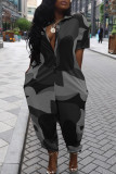 Dark Gray Casual Print Patchwork Pocket Buckle Turndown Collar Loose Jumpsuits