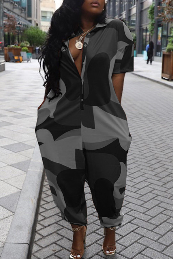 Dark Gray Casual Print Patchwork Pocket Buckle Turndown Collar Loose Jumpsuits