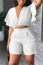 White Casual Solid Flounce V Neck Short Sleeve Two Pieces