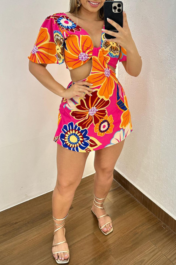 Rose Red Casual Sweet Street Daily Elegant Vacation Mixed Printing Printing Contrast V Neck Regular Jumpsuits