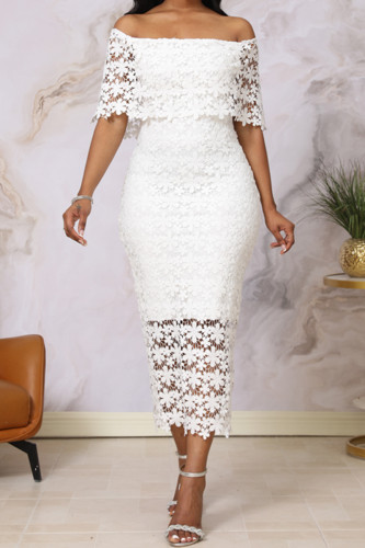 White Elegant Solid Lace Patchwork See-through Slit Off the Shoulder Long Dresses