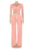 Black Sweet Striped Patchwork Fold V Neck Short Sleeve Two Pieces
