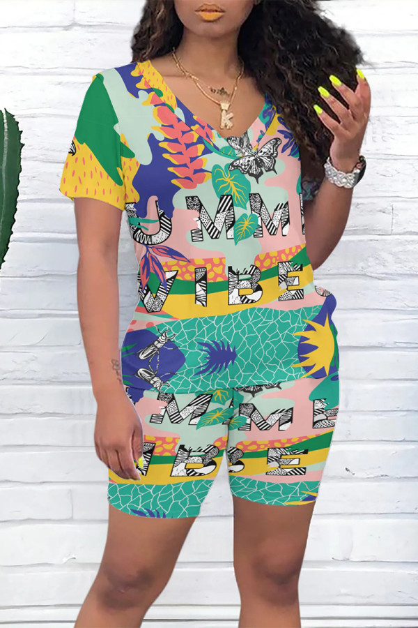 Green Casual Letter Character Print V Neck Short Sleeve Two Pieces