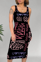 Black Pink Casual Geometric Print U Neck Printed Dresses