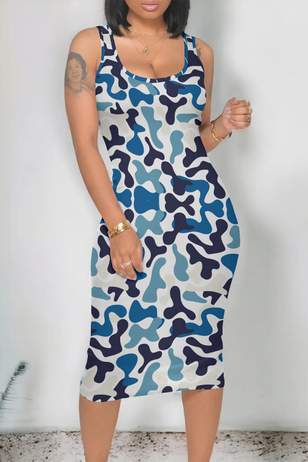 Sky Blue Casual Camouflage Print U Neck Printed Dresses