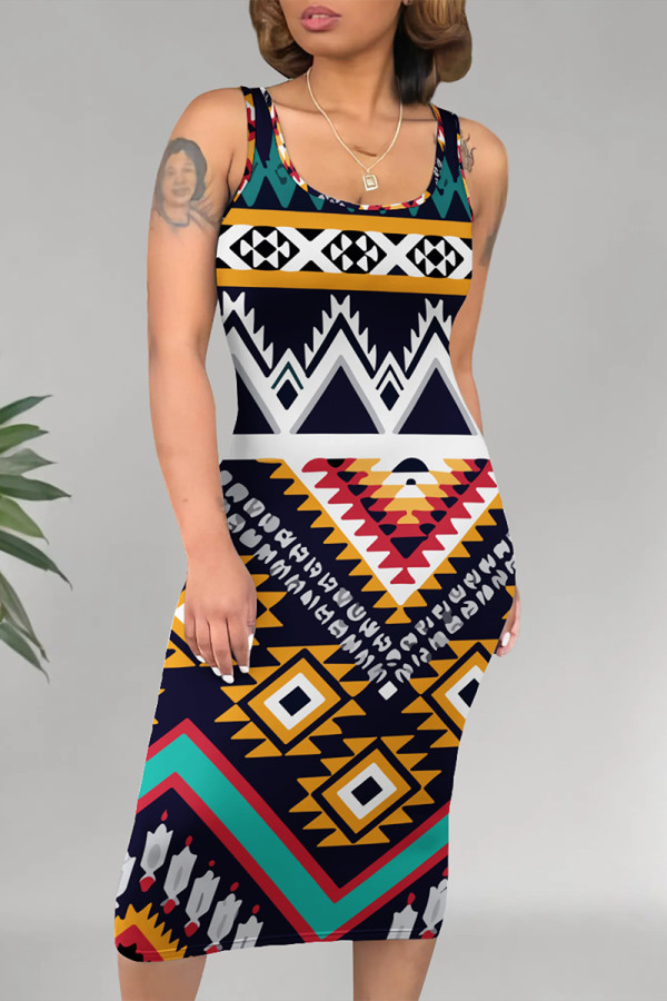 Black And White Casual Geometric Print U Neck Printed Dresses