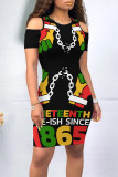 Black Casual Figure Letter Print Digital O Neck Printed Dresses
