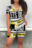 Green Casual Letter Character Print V Neck Short Sleeve Two Pieces