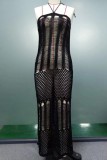 Black Sexy Solid Hollowed Out See-through Backless Halter Beach Dresses