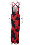 Pink Sexy Casual Print Backless Slit Spaghetti Strap Long Dresses