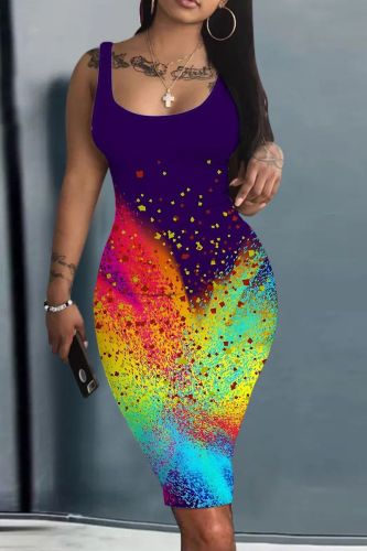 Dark Purple Rainbow Casual Print Basic U Neck Vest Bodycon Tank Midi Dresses