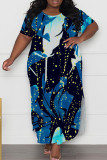 Blue Casual Print Slit O Neck Long Plus Size Dresses