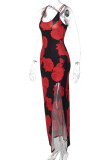 Pink Sexy Casual Print Backless Slit Spaghetti Strap Long Dresses