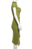 Green Street Solid Hollowed Out Patchwork O Neck Long Dresses