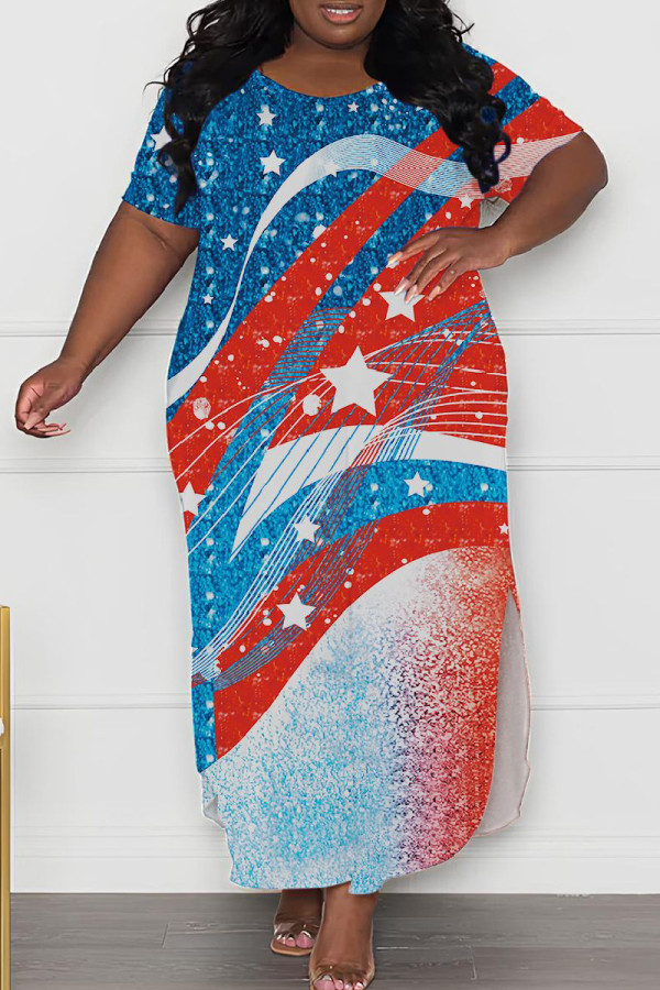 Blue Red Casual Print Slit O Neck Long Plus Size Dresses