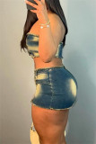 Blue Sexy Patchwork Backless Strapless Sleeveless Distressed Two Pieces Denim Tube Crop Tops And Mini Skirts Matching Sets