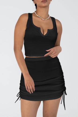 Black Sweet Solid Patchwork Draw String Fold Asymmetrical Collar Sleeveless Two Pieces
