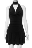 Black Sexy Solid Patchwork Backless Halter Sleeveless Dresses