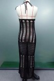 Black Sexy Solid Hollowed Out See-through Backless Halter Beach Dresses