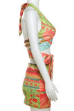 Green Street Print Bandage Hollowed Out Patchwork Halter Sleeveless Two Pieces
