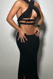 Black Street Solid Hollowed Out Patchwork Slit Halter Long Dresses