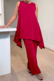 Burgundy Casual Solid Asymmetrical O Neck Plus Size Two Pieces