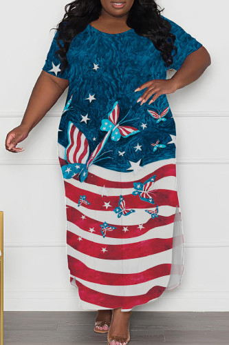 Navy Casual Print Slit O Neck Long Plus Size Dresses
