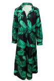 Green Street Print Patchwork Buttons High Opening Turndown Collar Long Dresses