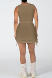 Khaki Sweet Solid Patchwork Draw String Fold Asymmetrical Collar Sleeveless Two Pieces