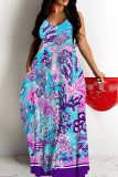 Light Blue Sexy Butterfly Print Backless Spaghetti Strap Long Loose Maxi Dresses