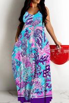 Blue Purple Sexy Butterfly Print Backless Spaghetti Strap Long Loose Maxi Dresses